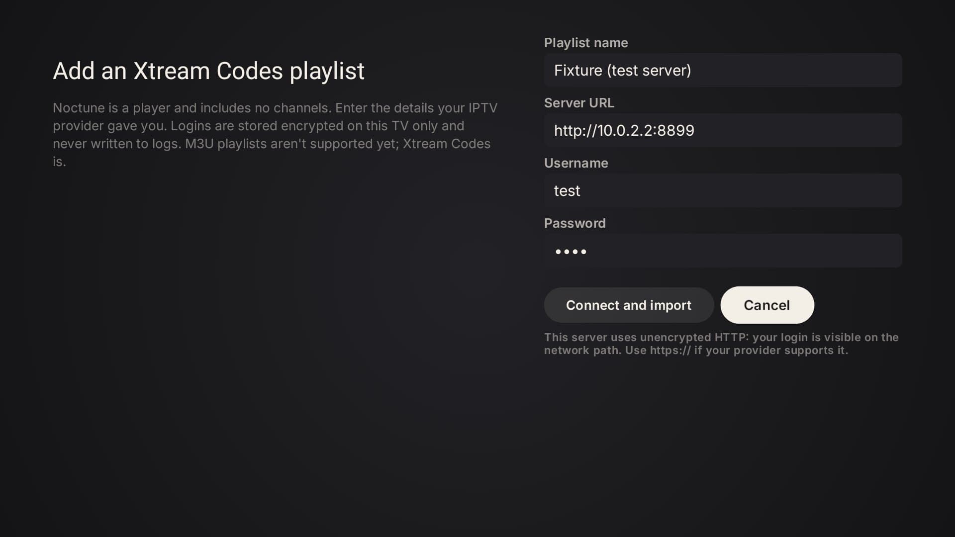 Noctune's Add an Xtream Codes playlist screen with playlist name, server URL, username and password fields