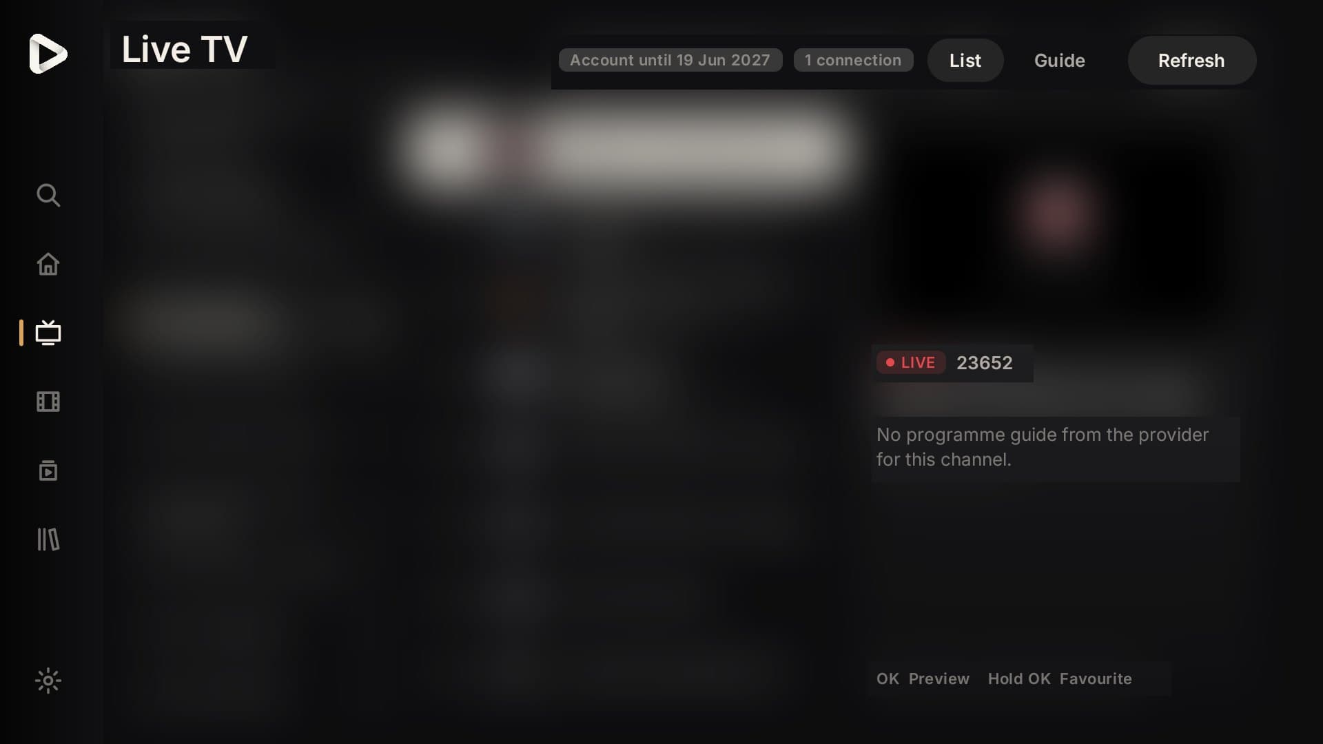 Live TV screen with categories, channel list and preview (provider content blurred)