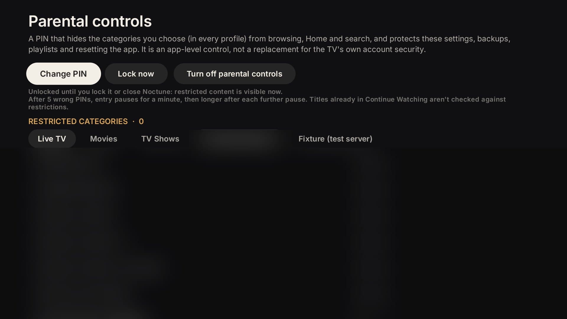 Parental controls screen with PIN options
