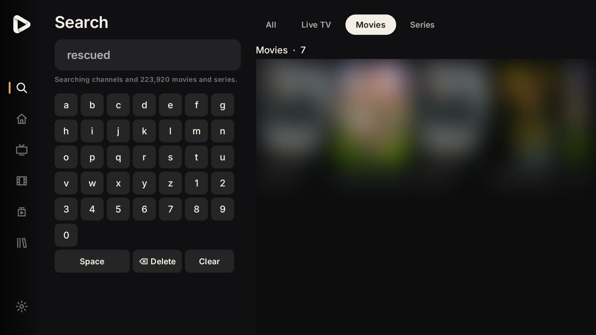 Search screen with on-screen keyboard and results (posters blurred)